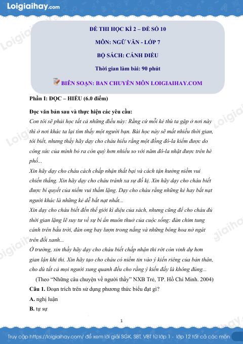 Đề thi học kì 2 Văn 7 Cánh diều - Đề số 10